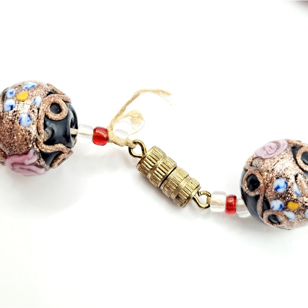 Vintage Wedding Cake Bead Necklace Millefiori Glass Goldtone Black Pink 15" READ - Picture 5 of 14